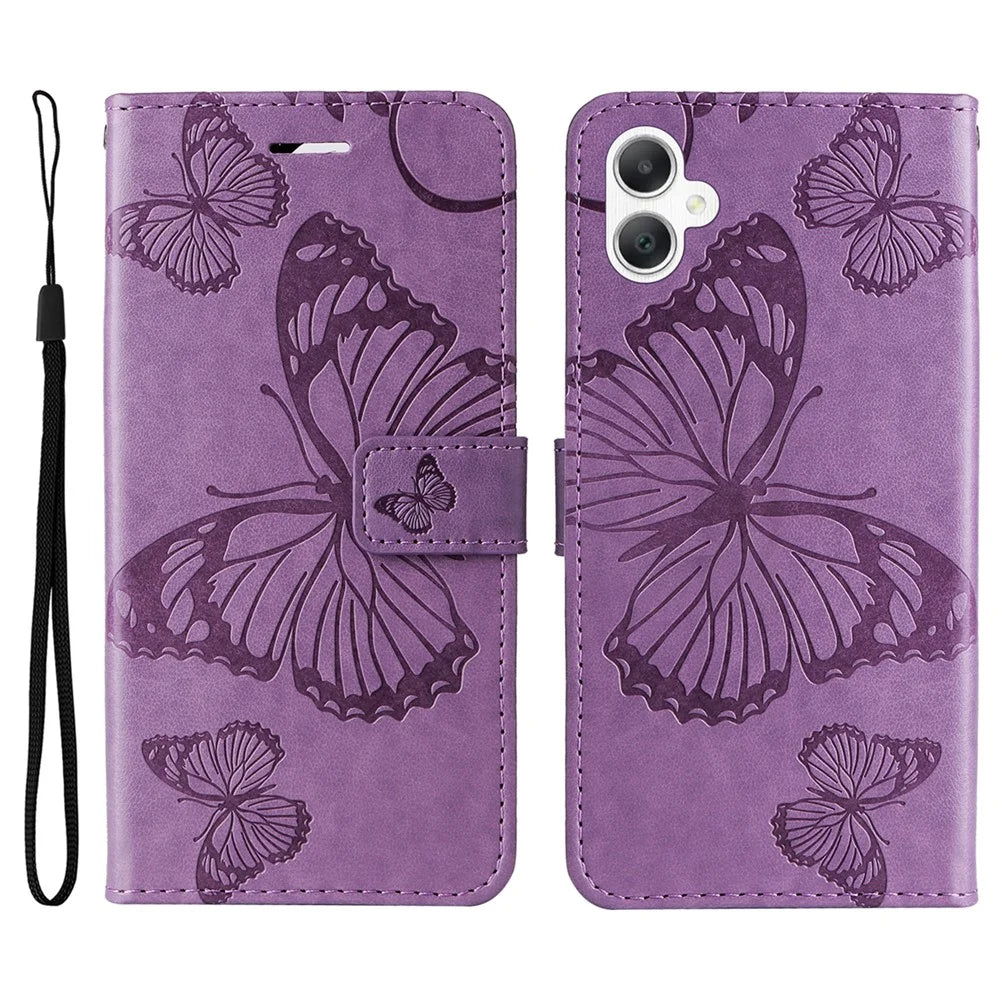 For Samsung Galaxy A08 5G / A08 4G / A07 4G / A06 4G / A06 5G Wallet Case Floral Butterfly Imprinted Leather Phone Cover Stand - Light Purple - 1