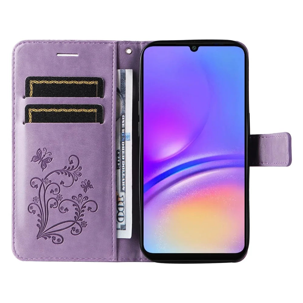 For Samsung Galaxy A08 5G / A08 4G / A07 4G / A06 4G / A06 5G Wallet Case Floral Butterfly Imprinted Leather Phone Cover Stand - Light Purple - 2