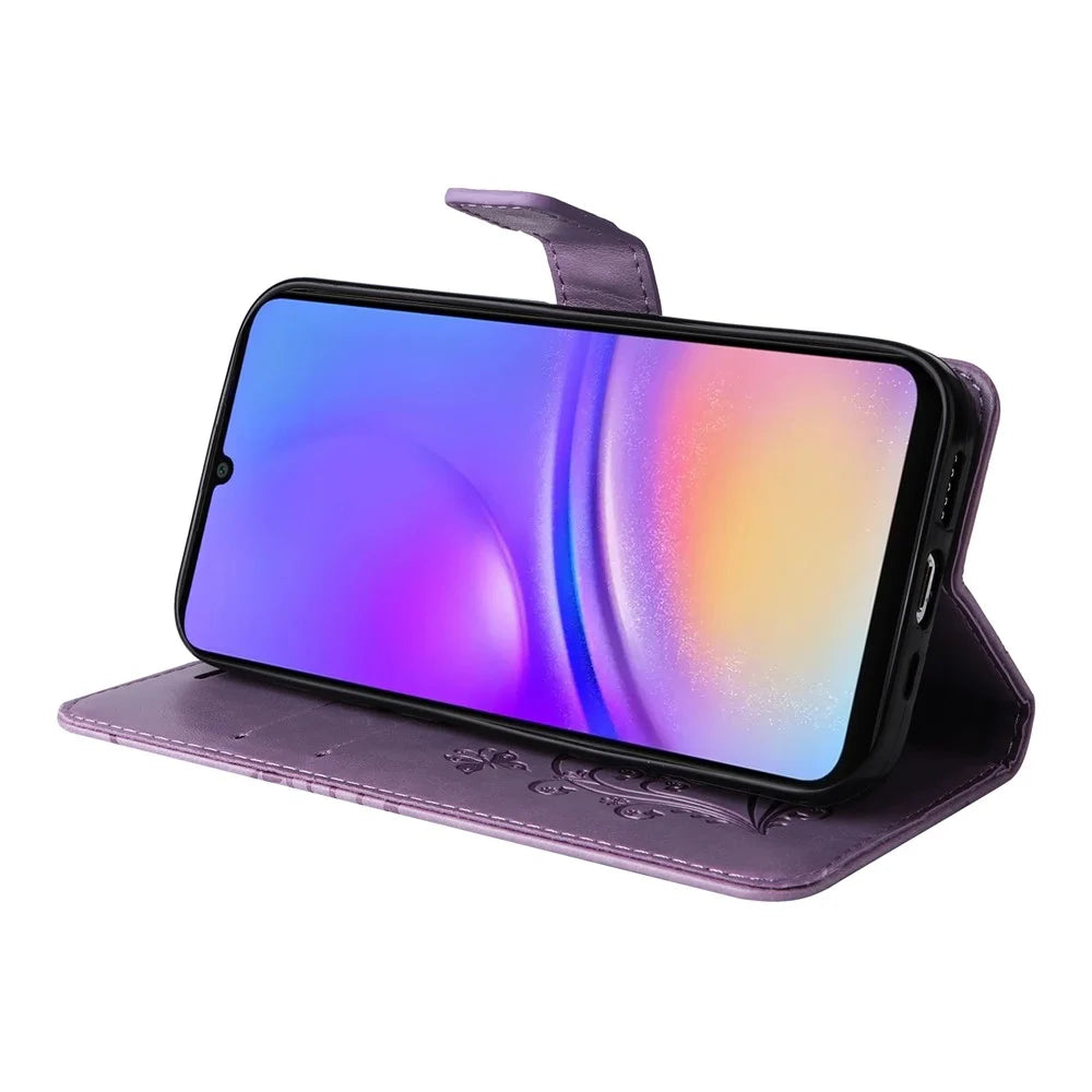 For Samsung Galaxy A08 5G / A08 4G / A07 4G / A06 4G / A06 5G Wallet Case Floral Butterfly Imprinted Leather Phone Cover Stand - Light Purple - 3