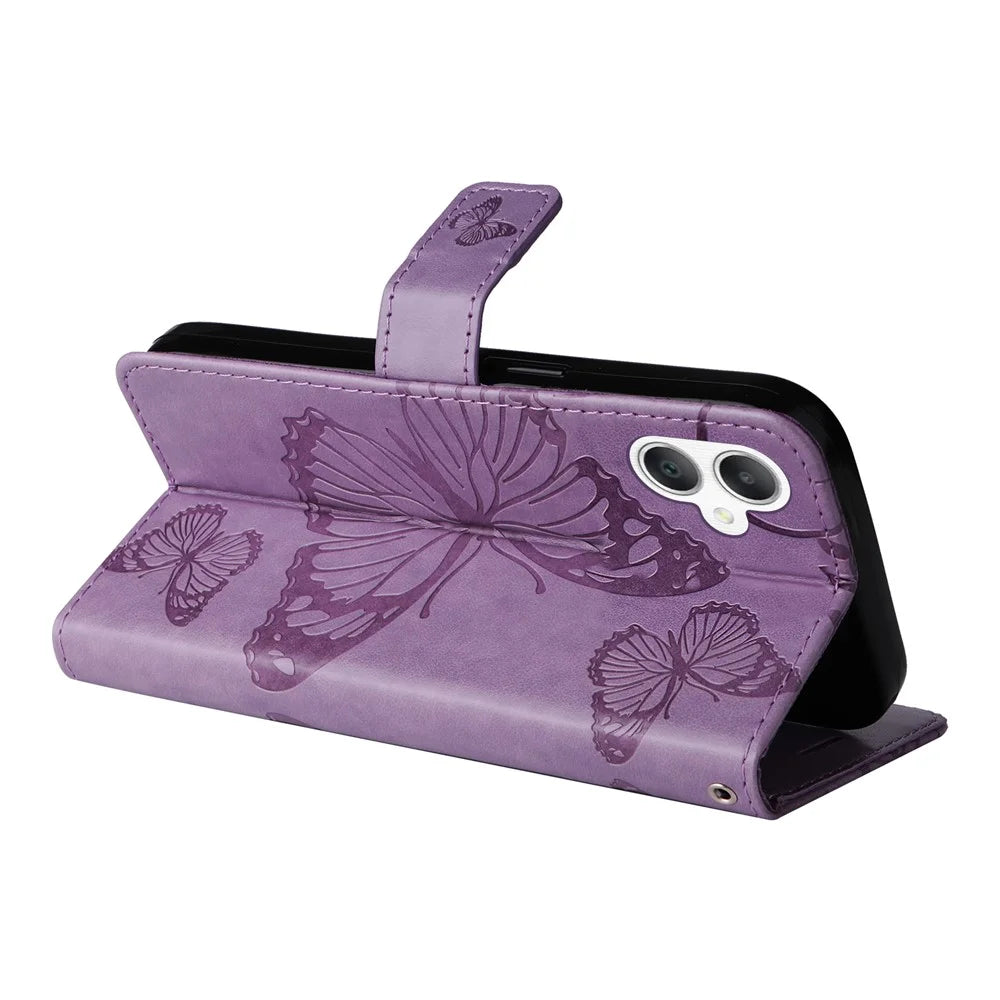 For Samsung Galaxy A08 5G / A08 4G / A07 4G / A06 4G / A06 5G Wallet Case Floral Butterfly Imprinted Leather Phone Cover Stand - Light Purple - 4