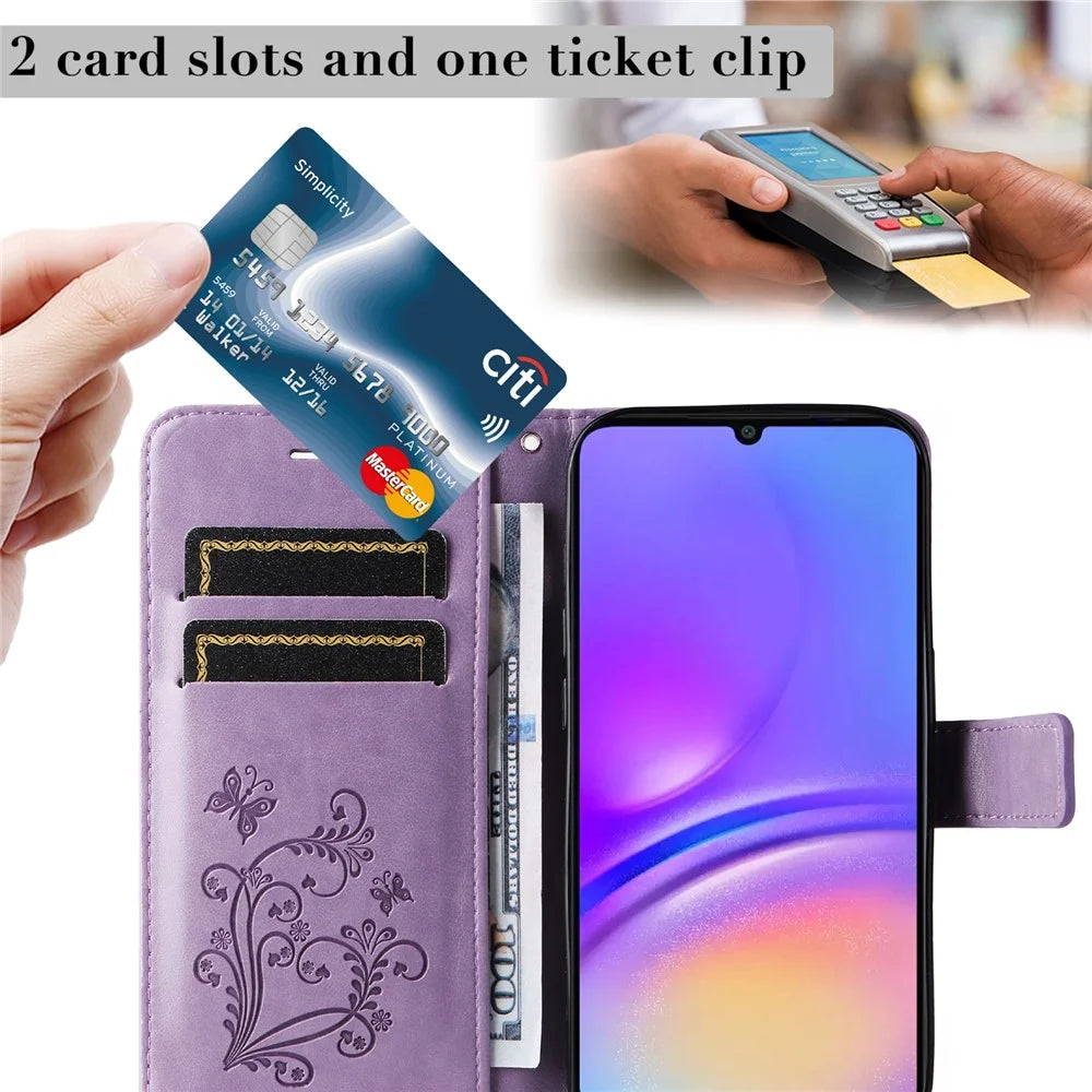 For Samsung Galaxy A08 5G / A08 4G / A07 4G / A06 4G / A06 5G Wallet Case Floral Butterfly Imprinted Leather Phone Cover Stand - Light Purple - 6