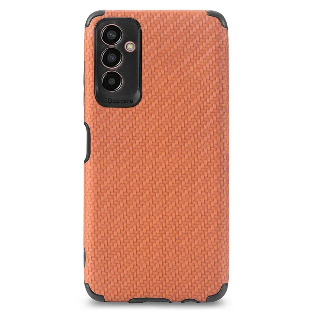 Carbon Fiber Texture Phone Cover for Samsung Galaxy M13 4G, Drop-proof PU Leather Coated TPU Anti-scratch Case - Brown - 1