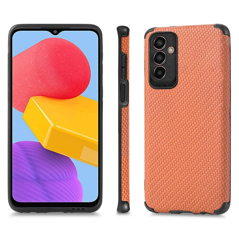 Carbon Fiber Texture Phone Cover for Samsung Galaxy M13 4G, Drop-proof PU Leather Coated TPU Anti-scratch Case - Brown - 2