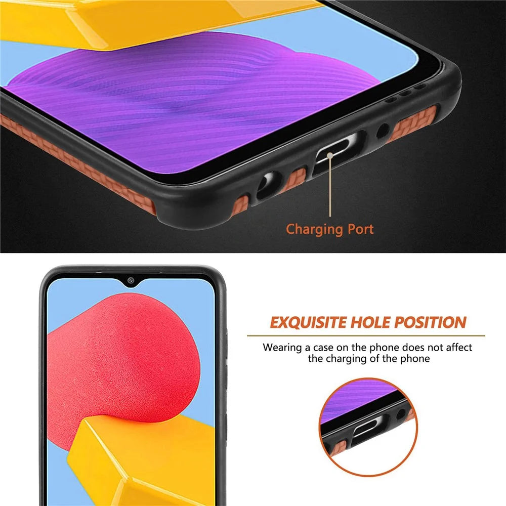 Carbon Fiber Texture Phone Cover for Samsung Galaxy M13 4G, Drop-proof PU Leather Coated TPU Anti-scratch Case - Brown - 5