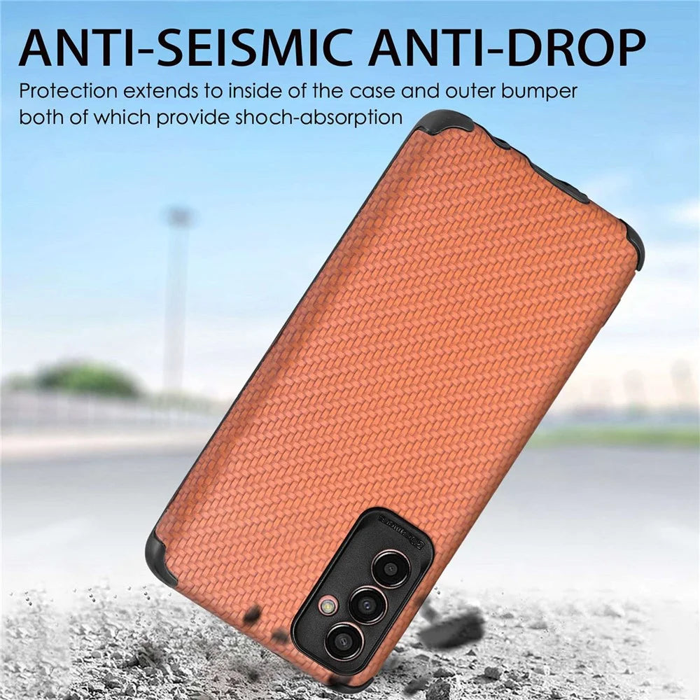 Carbon Fiber Texture Phone Cover for Samsung Galaxy M13 4G, Drop-proof PU Leather Coated TPU Anti-scratch Case - Brown - 6