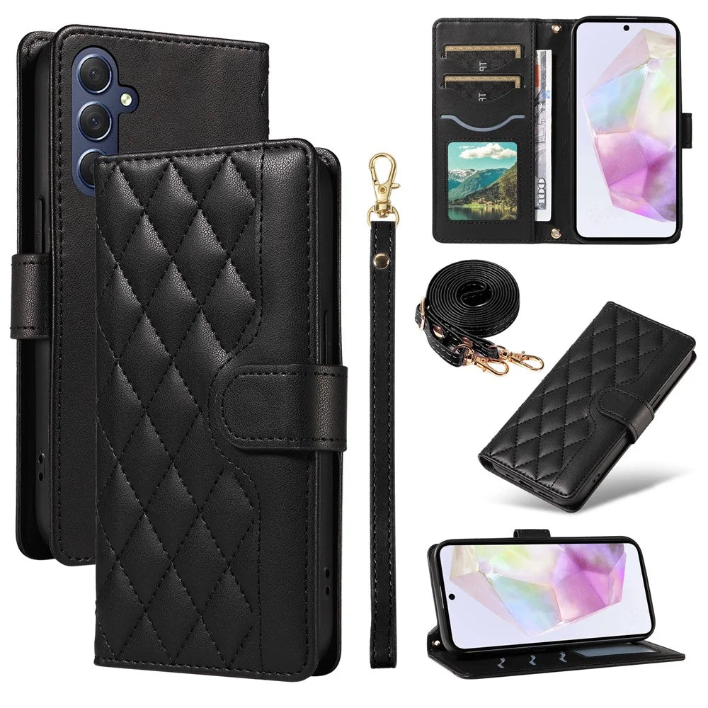For Samsung Galaxy A35 5G Case Wallet Rhombus Leather Phone Cover with Shoulder Strap, Wrist Strap - Black - 1