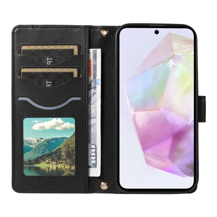 For Samsung Galaxy A35 5G Case Wallet Rhombus Leather Phone Cover with Shoulder Strap, Wrist Strap - Black - 2