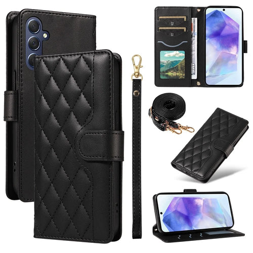 For Samsung Galaxy A55 5G Case Wallet Rhombus Leather Phone Cover with Shoulder Strap, Wrist Strap - Black - 1