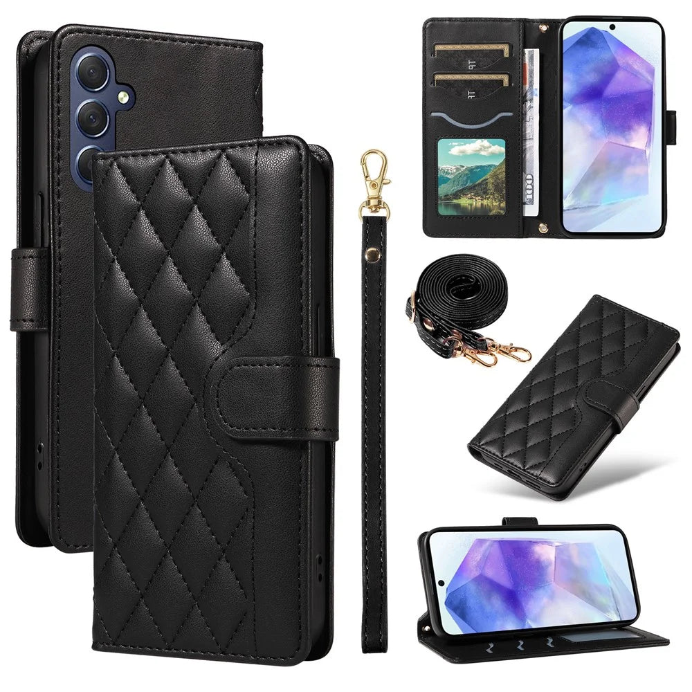 For Samsung Galaxy A55 5G Case Wallet Rhombus Leather Phone Cover with Shoulder Strap, Wrist Strap - Black - 1