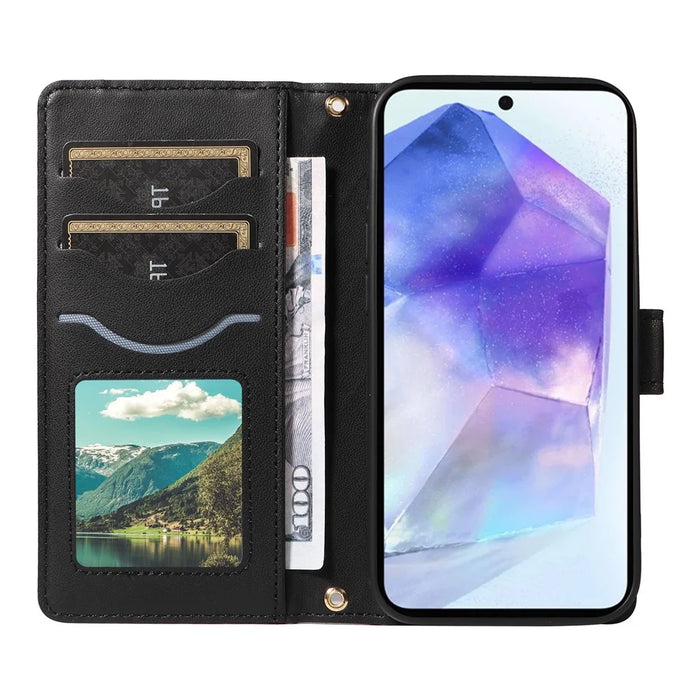 For Samsung Galaxy A55 5G Case Wallet Rhombus Leather Phone Cover with Shoulder Strap, Wrist Strap - Black - 2