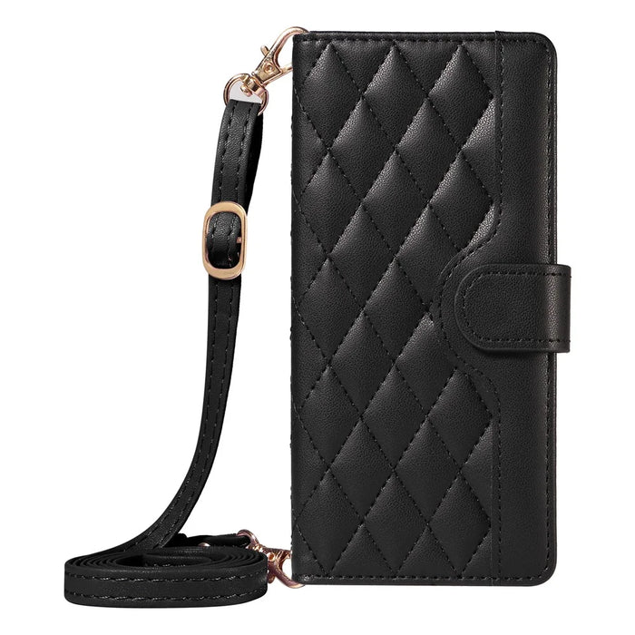 For Samsung Galaxy A55 5G Case Wallet Rhombus Leather Phone Cover with Shoulder Strap, Wrist Strap - Black - 5