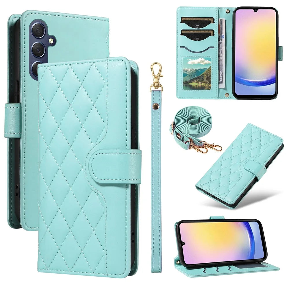 For Samsung Galaxy A25 5G (Global) (161.0 x 76.5 x 8.3mm) Case Wallet Rhombus Leather Phone Cover with Shoulder Strap, Wrist Strap - Green - 1