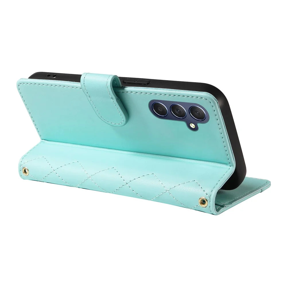For Samsung Galaxy A25 5G (Global) (161.0 x 76.5 x 8.3mm) Case Wallet Rhombus Leather Phone Cover with Shoulder Strap, Wrist Strap - Green - 4