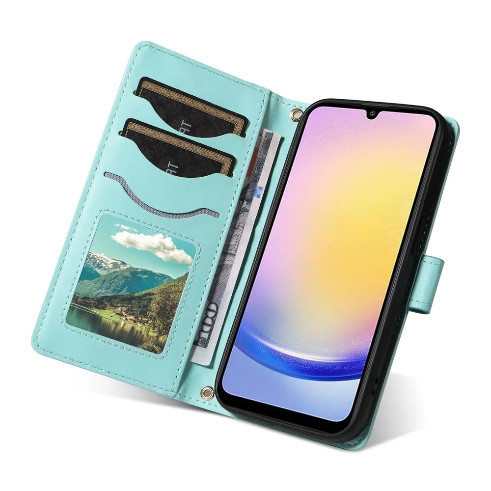 For Samsung Galaxy A25 5G (Global) (161.0 x 76.5 x 8.3mm) Case Wallet Rhombus Leather Phone Cover with Shoulder Strap, Wrist Strap - Green - 5