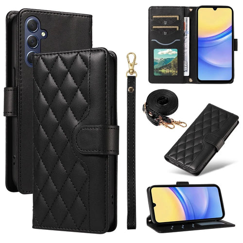For Samsung Galaxy A15 4G / 5G Case Wallet Rhombus Leather Phone Cover with Shoulder Strap, Wrist Strap - Black - 1