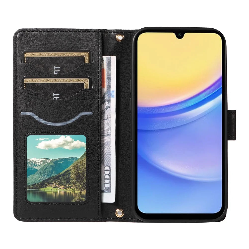 For Samsung Galaxy A15 4G / 5G Case Wallet Rhombus Leather Phone Cover with Shoulder Strap, Wrist Strap - Black - 2