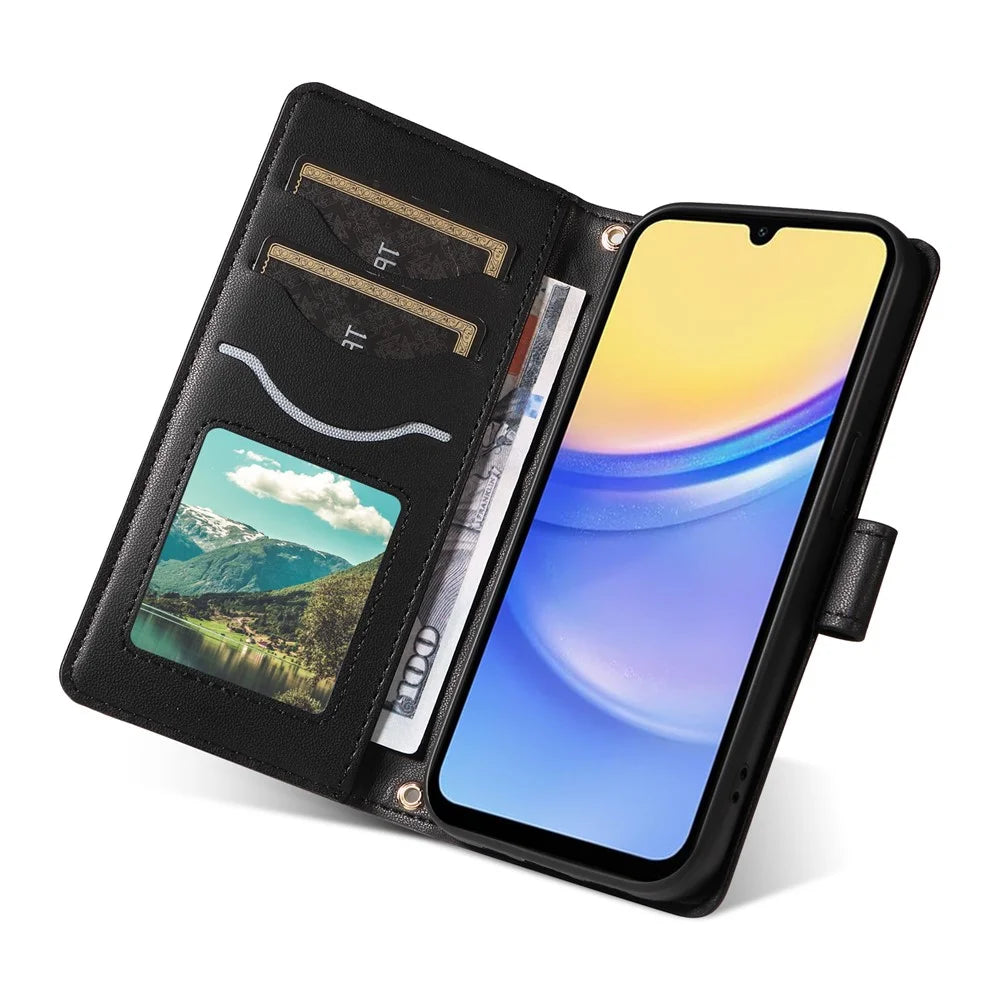 For Samsung Galaxy A15 4G / 5G Case Wallet Rhombus Leather Phone Cover with Shoulder Strap, Wrist Strap - Black - 5