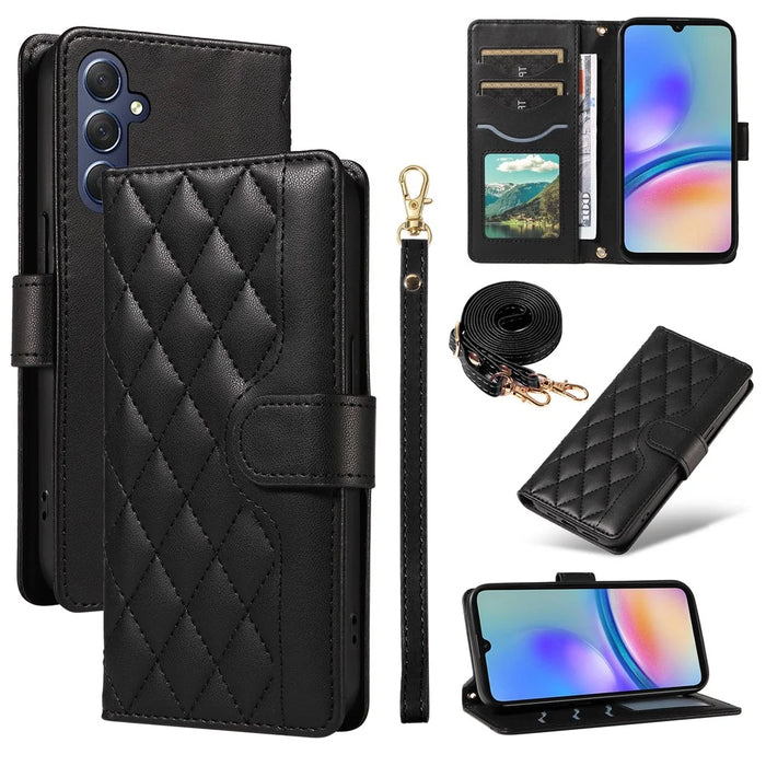 For Samsung Galaxy A05s 4G Case Wallet Rhombus Leather Phone Cover with Shoulder Strap, Wrist Strap - Black - 1
