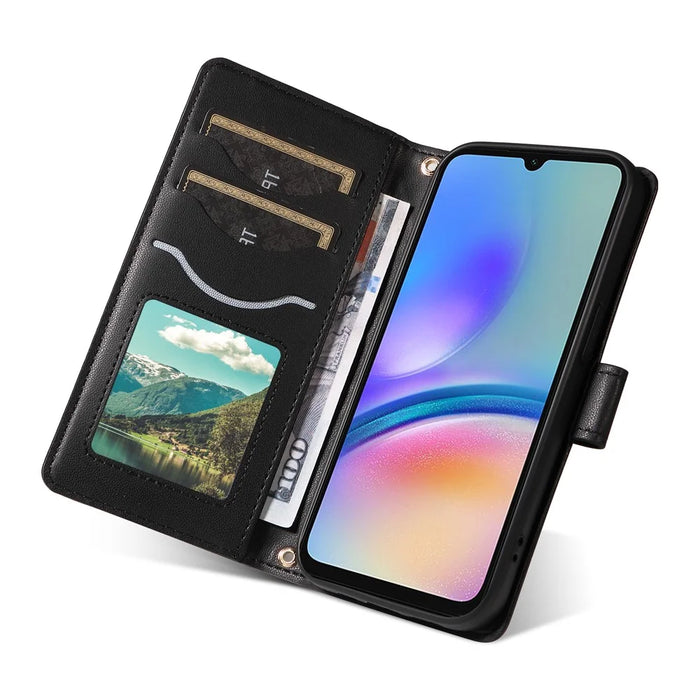 For Samsung Galaxy A05s 4G Case Wallet Rhombus Leather Phone Cover with Shoulder Strap, Wrist Strap - Black - 5