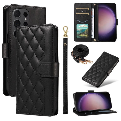 For Samsung Galaxy S24 Ultra Wallet Case Rhombus Leather Phone Cover with Shoulder Strap and Wrist Strap - Black - 1