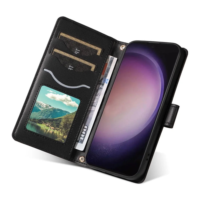 For Samsung Galaxy S24 Ultra Wallet Case Rhombus Leather Phone Cover with Shoulder Strap and Wrist Strap - Black - 5