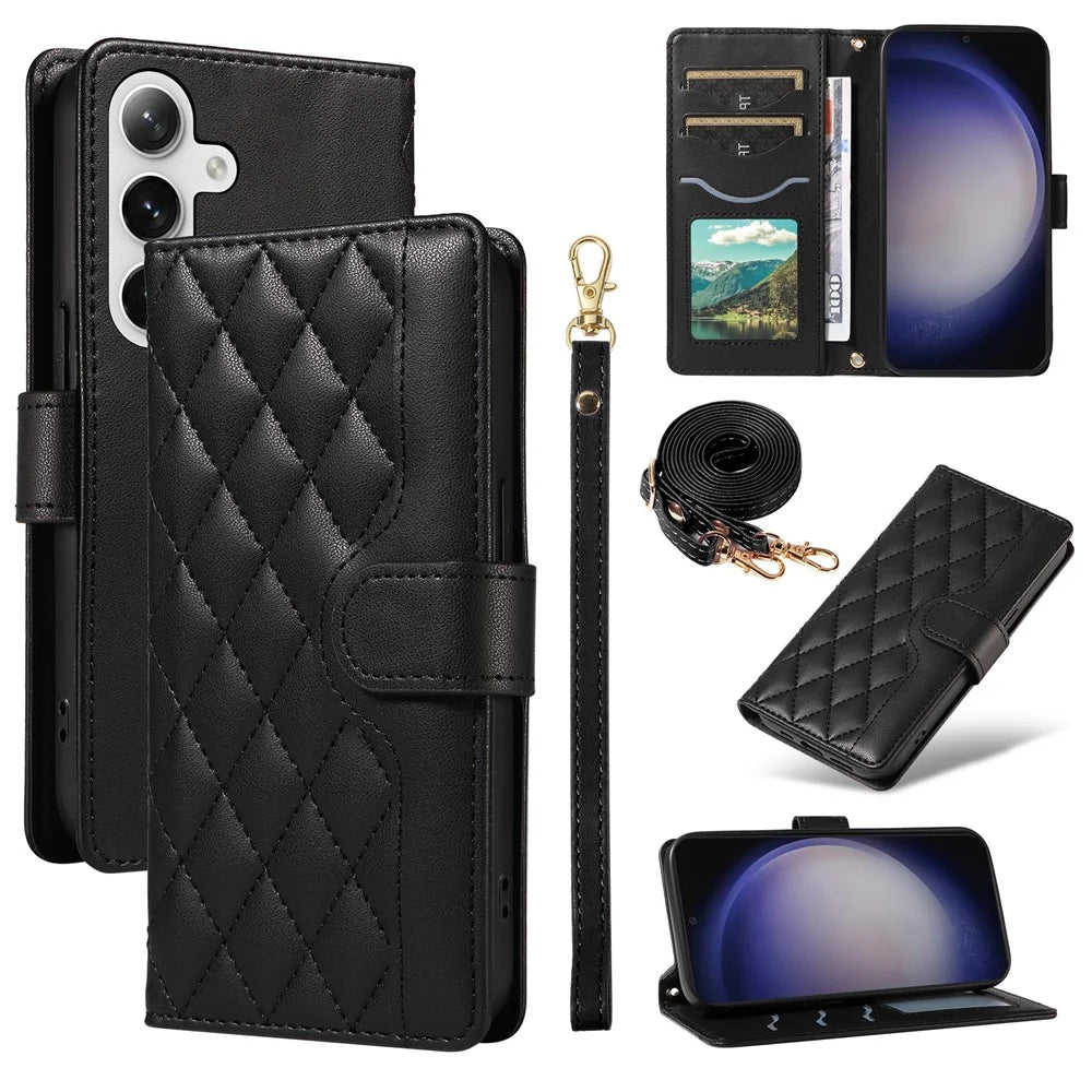 For Samsung Galaxy S25+ / S24+ Case Wallet Rhombus Leather Phone Cover with Shoulder Strap, Wrist Strap - Black - 1