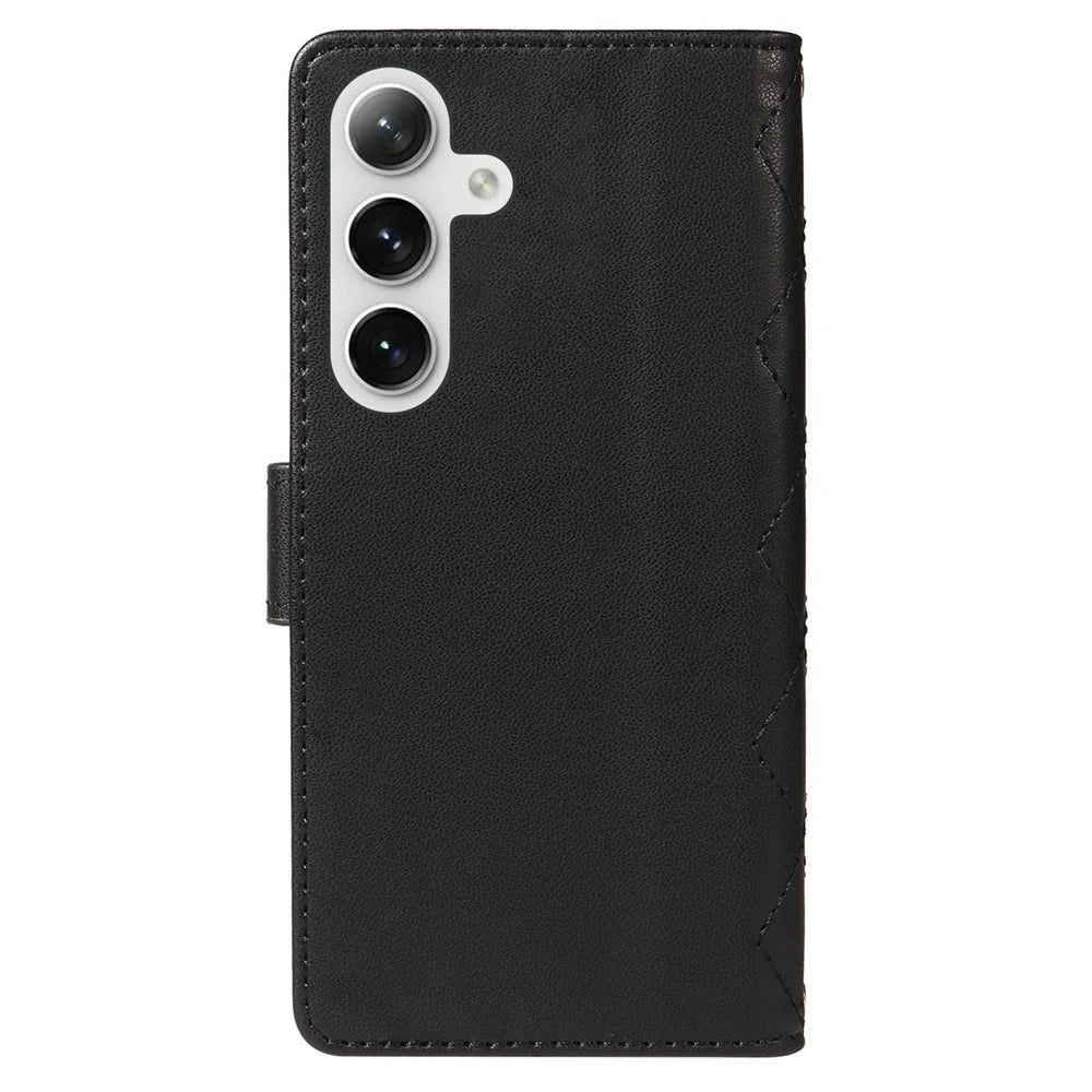 For Samsung Galaxy S25+ / S24+ Case Wallet Rhombus Leather Phone Cover with Shoulder Strap, Wrist Strap - Black - 7