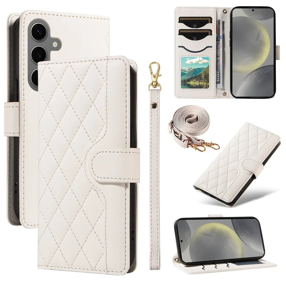 For Samsung Galaxy S25 / S24 Case Wallet Rhombus Leather Phone Cover with Shoulder Strap, Wrist Strap - White - 1