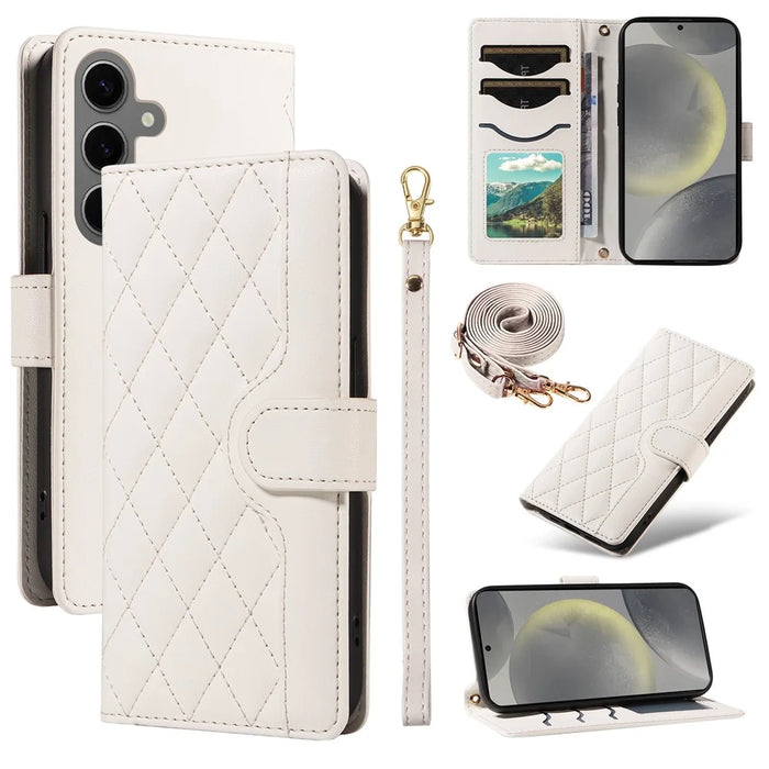 For Samsung Galaxy S25 / S24 Case Wallet Rhombus Leather Phone Cover with Shoulder Strap, Wrist Strap - White - 1