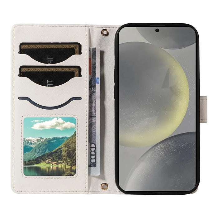 For Samsung Galaxy S25 / S24 Case Wallet Rhombus Leather Phone Cover with Shoulder Strap, Wrist Strap - White - 2