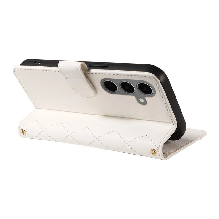 For Samsung Galaxy S25 / S24 Case Wallet Rhombus Leather Phone Cover with Shoulder Strap, Wrist Strap - White - 4