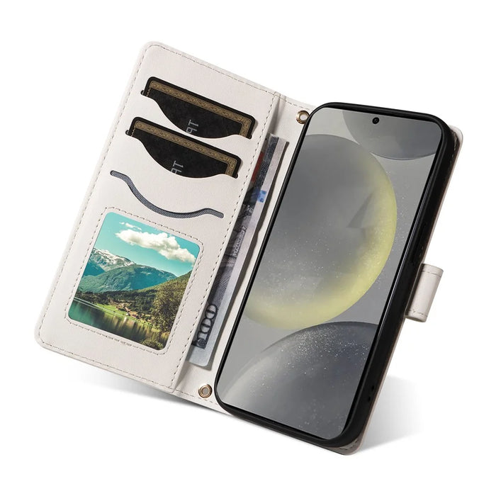 For Samsung Galaxy S25 / S24 Case Wallet Rhombus Leather Phone Cover with Shoulder Strap, Wrist Strap - White - 5