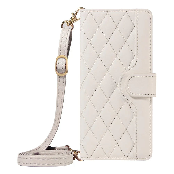 For Samsung Galaxy S25 / S24 Case Wallet Rhombus Leather Phone Cover with Shoulder Strap, Wrist Strap - White - 6