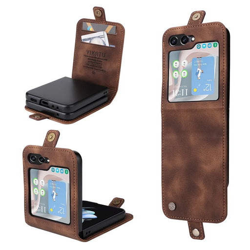 YIKATU YK-002 For Samsung Galaxy Z Flip7 FE 5G / Z Flip6 5G Case PU Leather Card Holder Phone Cover - Brown - 1