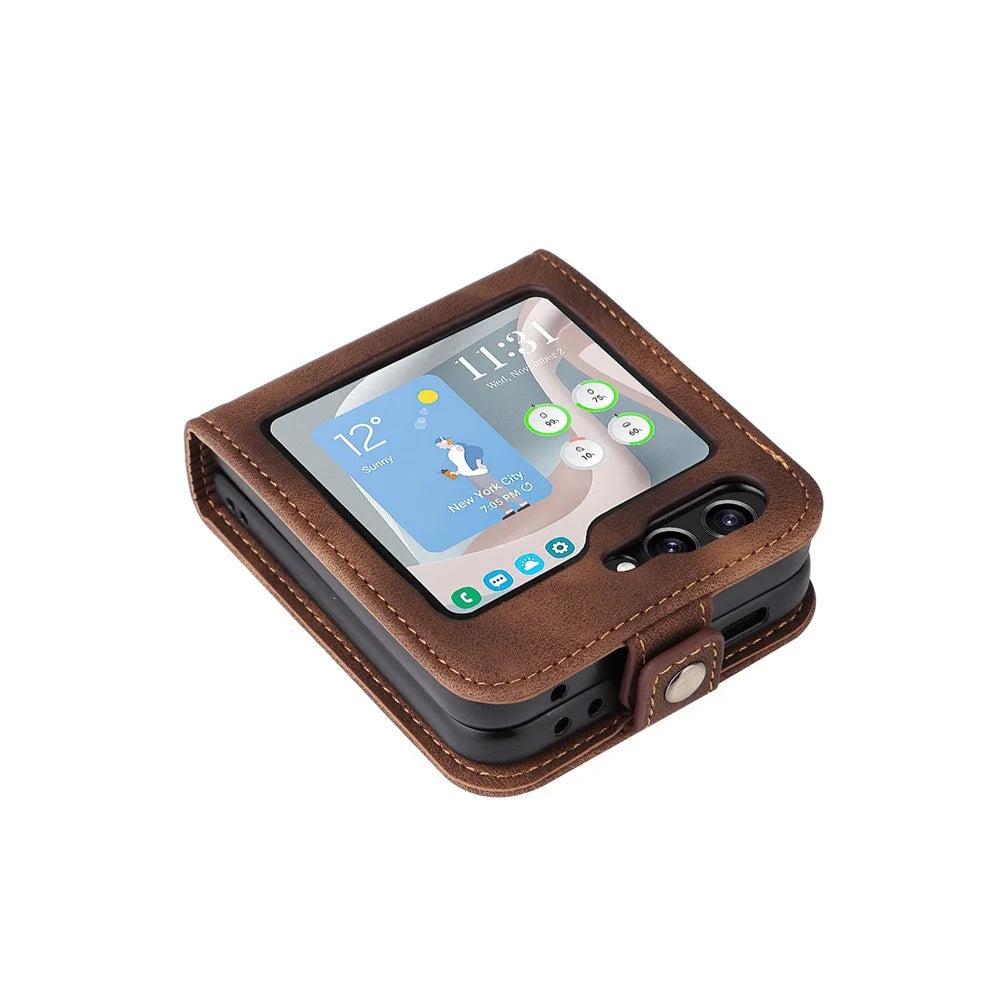 YIKATU YK-002 For Samsung Galaxy Z Flip7 FE 5G / Z Flip6 5G Case PU Leather Card Holder Phone Cover - Brown - 6