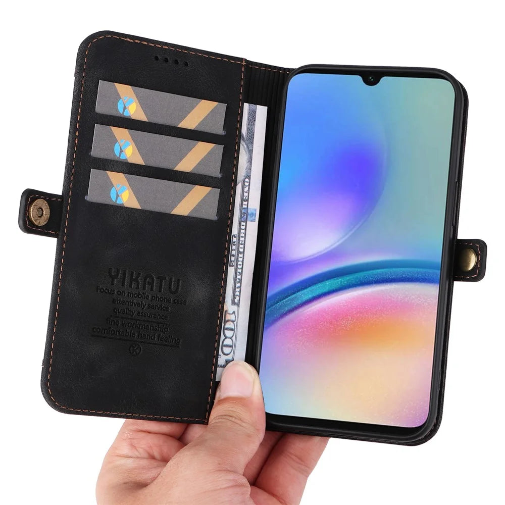 YIKATU YK-002 For Samsung Galaxy A05s 4G Case Wallet PU Leather Phone Cover with Outer Card Slot - Black - 6