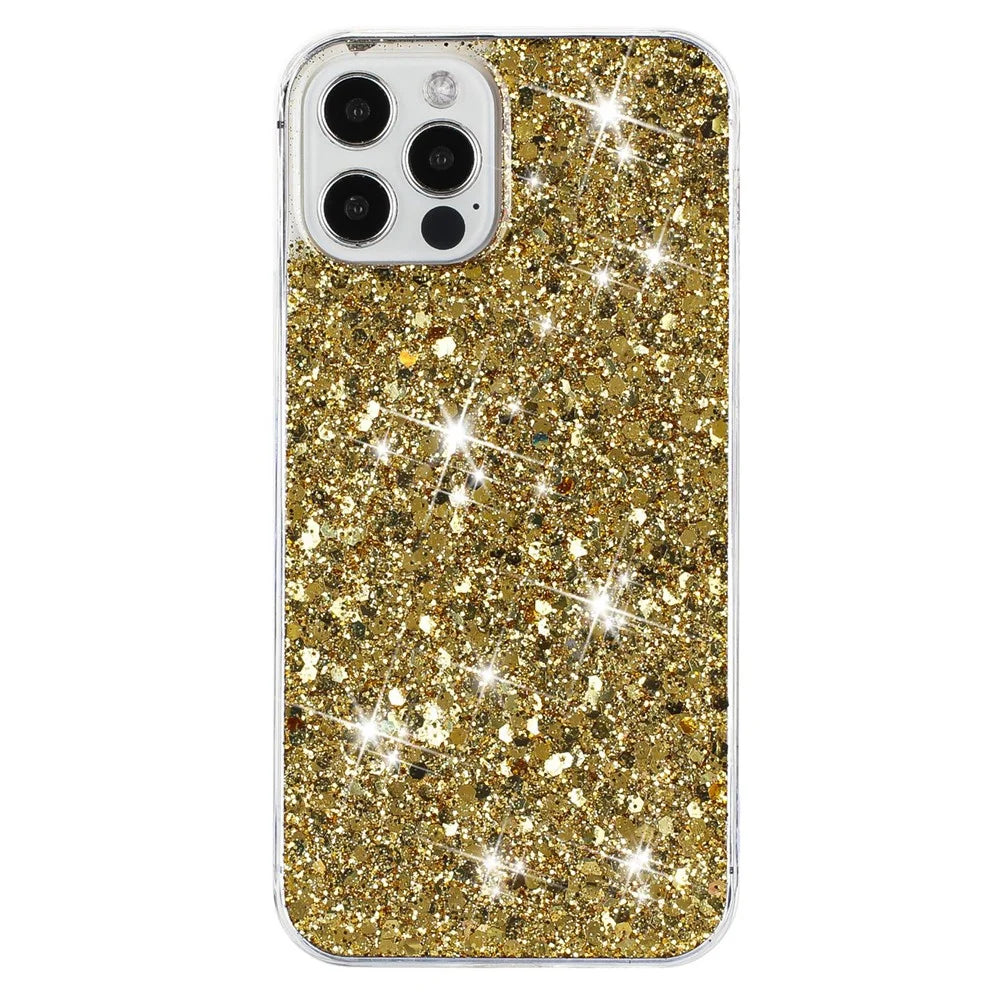 For iPhone 16 Pro Max Case TPU Drop Protection Epoxy Glittery Sequins Phone Cover - Gold - 1