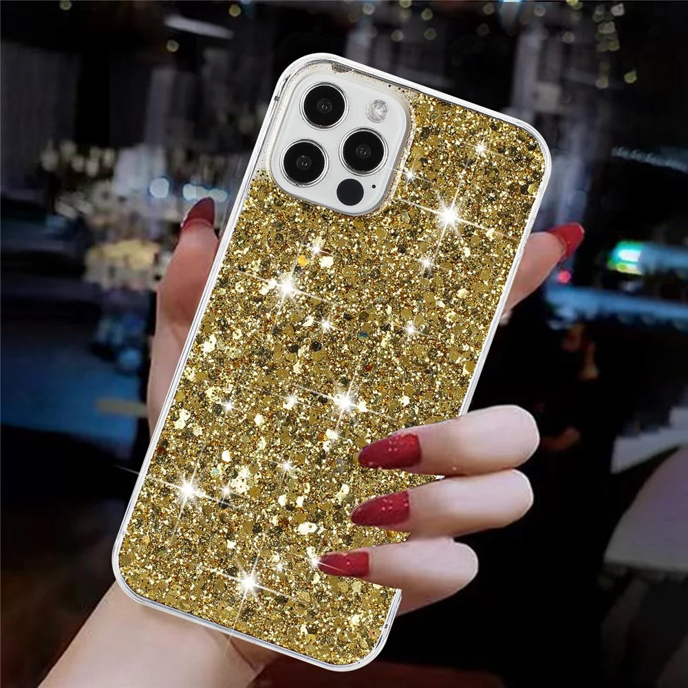 For iPhone 16 Pro Max Case TPU Drop Protection Epoxy Glittery Sequins Phone Cover - Gold - 2