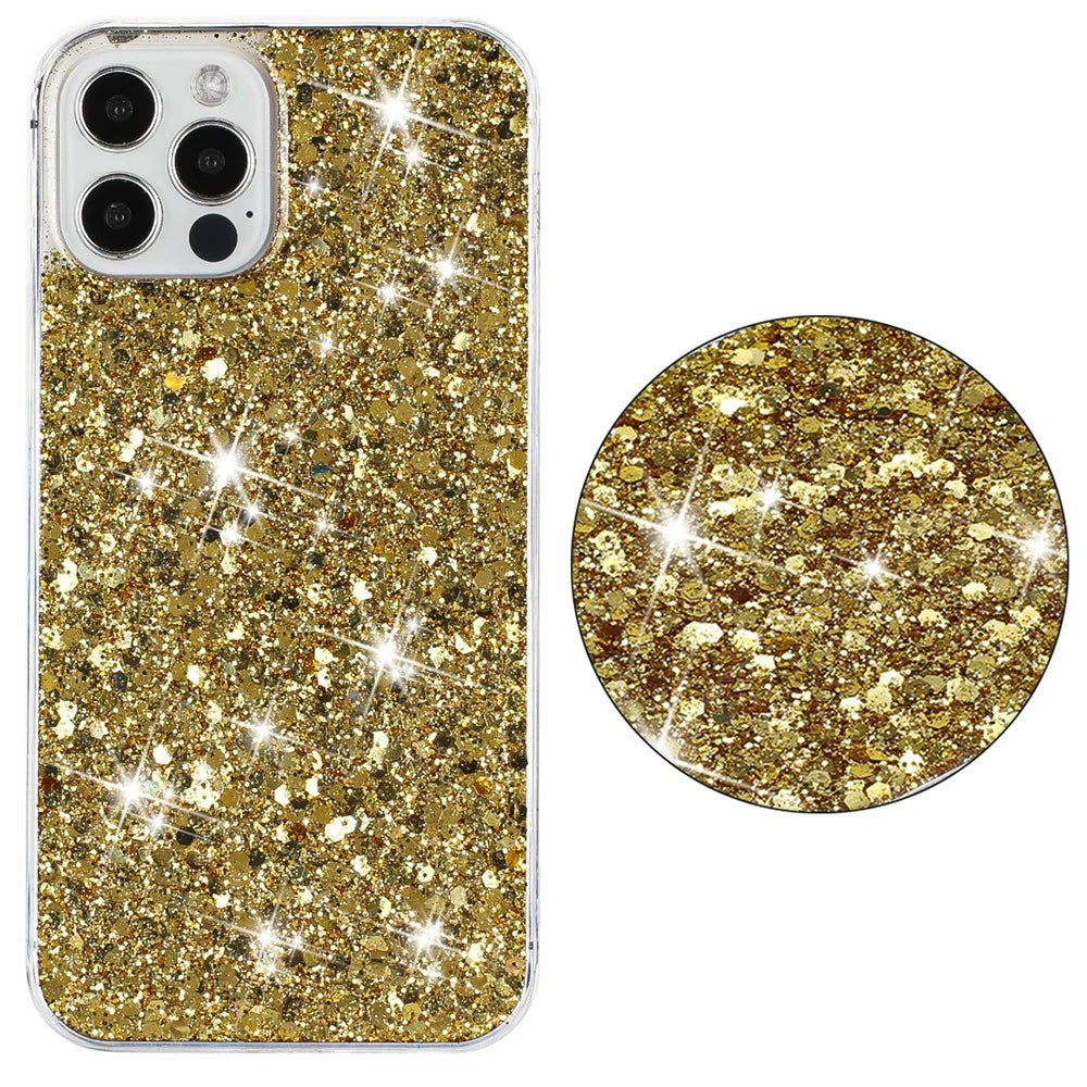 For iPhone 16 Pro Max Case TPU Drop Protection Epoxy Glittery Sequins Phone Cover - Gold - 3