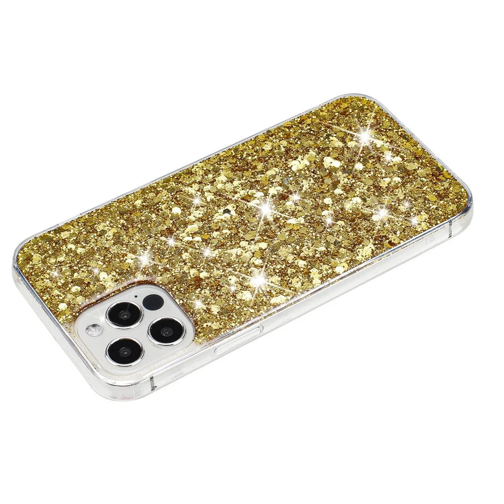 For iPhone 16 Pro Max Case TPU Drop Protection Epoxy Glittery Sequins Phone Cover - Gold - 4