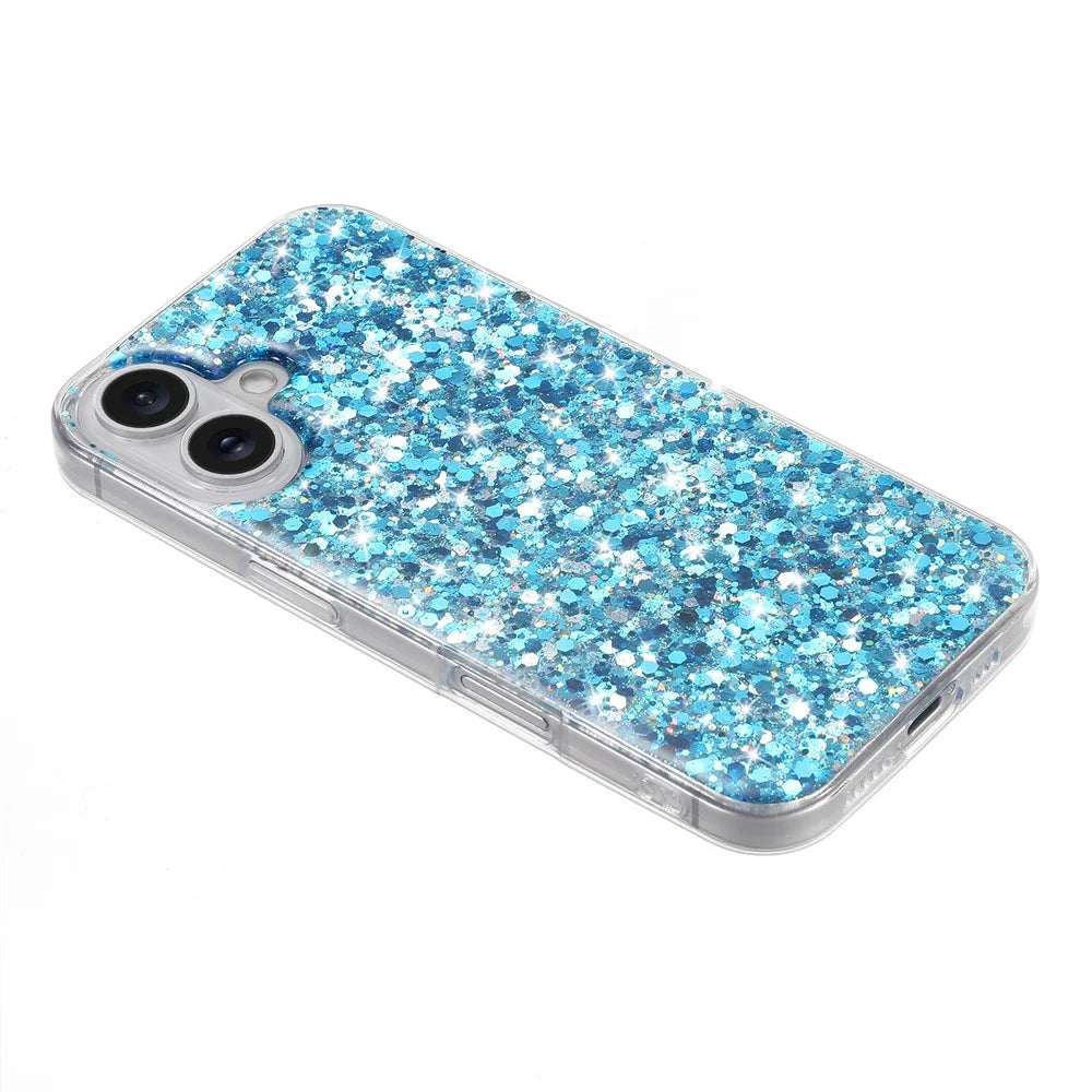 For iPhone 16 Plus Case TPU Drop Protection Epoxy Glittery Sequins Phone Cover - Blue - 2