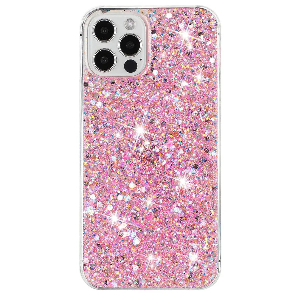 For iPhone 16 Pro Case TPU Drop Protection Epoxy Glittery Sequins Phone Cover - Pink - 1