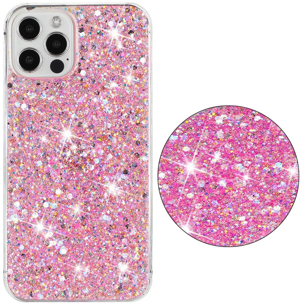 For iPhone 16 Pro Case TPU Drop Protection Epoxy Glittery Sequins Phone Cover - Pink - 3