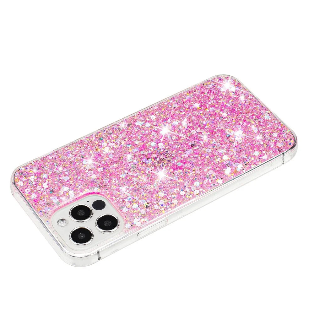 For iPhone 16 Pro Case TPU Drop Protection Epoxy Glittery Sequins Phone Cover - Pink - 4