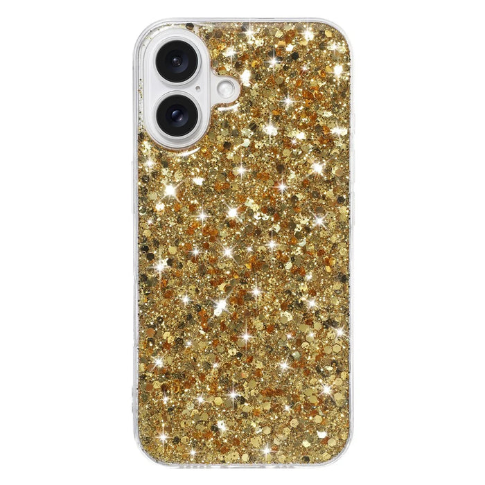 For iPhone 16 Case TPU Drop Protection Epoxy Glittery Sequins Phone Cover - Gold - 1