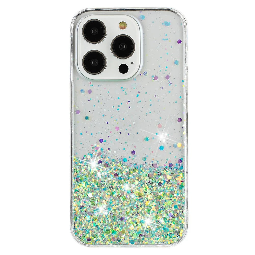 For iPhone 16 Pro Case Sparkle Sequins Luminous Epoxy TPU Phone Cover - Green - 1