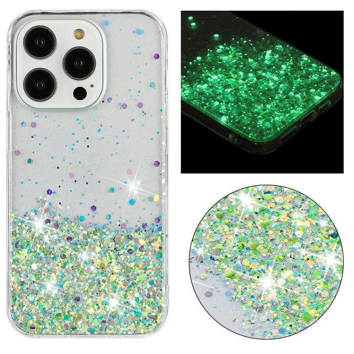 For iPhone 16 Pro Case Sparkle Sequins Luminous Epoxy TPU Phone Cover - Green - 2