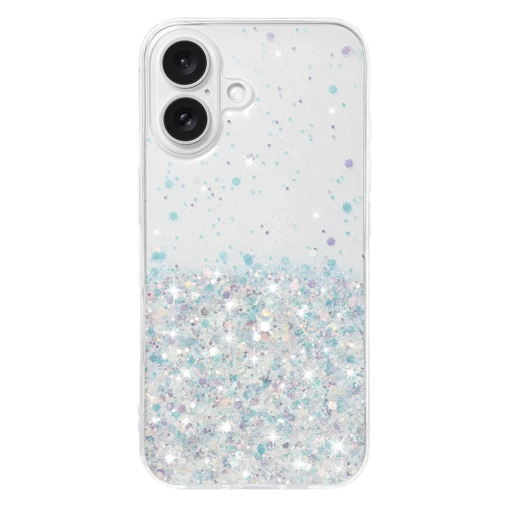 For iPhone 16 Plus Case Sparkle Sequins Luminous Epoxy TPU Phone Cover - White - 1