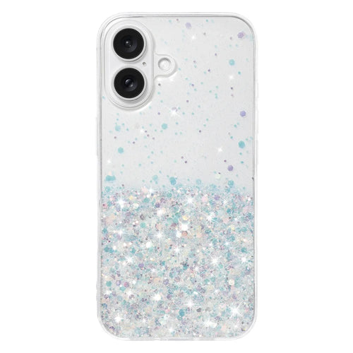 For iPhone 16 Plus Case Sparkle Sequins Luminous Epoxy TPU Phone Cover - White - 1