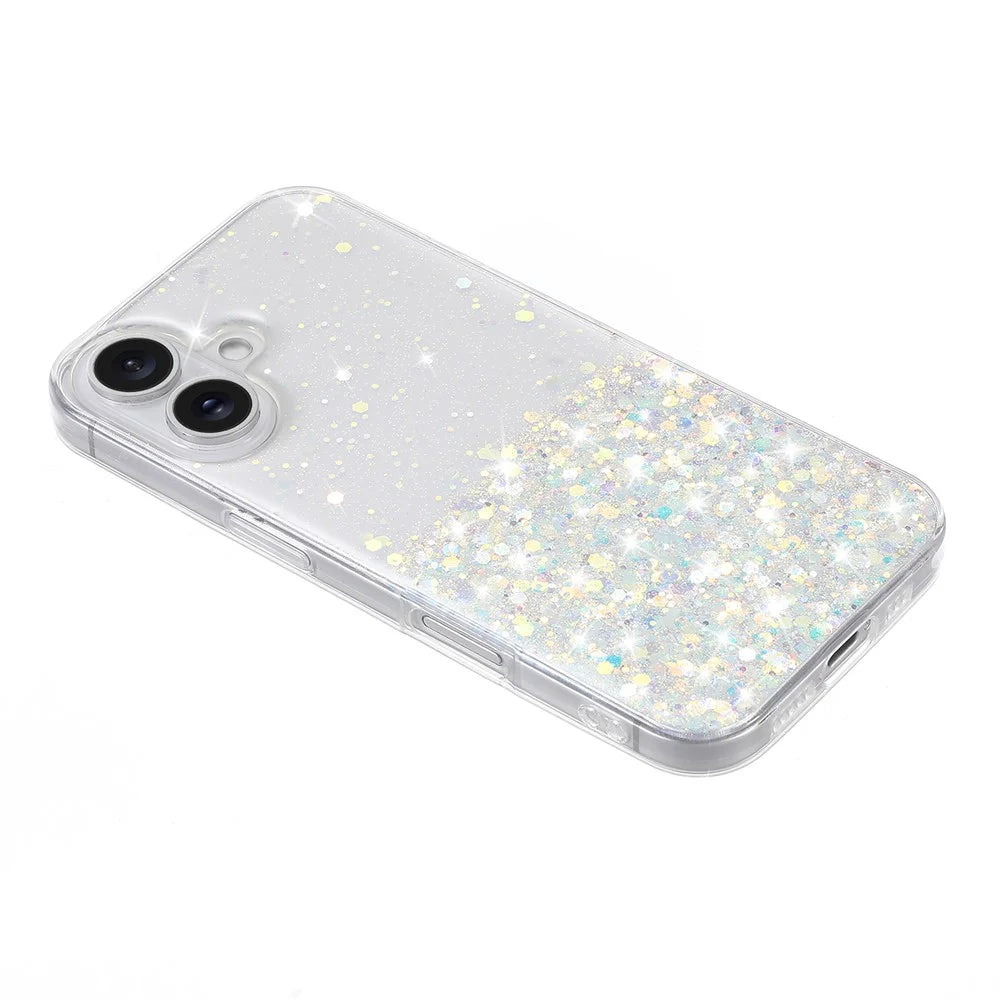 For iPhone 16 Plus Case Sparkle Sequins Luminous Epoxy TPU Phone Cover - White - 2